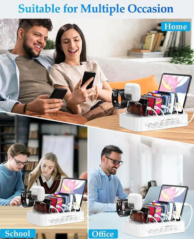 Alt view image 7 of 7 - 100W Charging Station for Multiple Devices - 6-Port Phone Charger Station 4-PD USB C Fast Charging Station Organizer for iPhones|Android|iPads|Kindles|Watch|Tablet