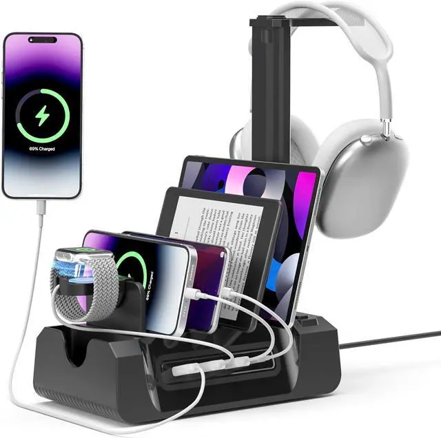 Main image of Charging Station for Multiple Devices - 6 in 1 Cellphone Charging Dock with Headphone Stand and Watch Holder - 2 AC&USB A&USB C Storage Charger Station for Smartphone Tablets  Watch(Black)