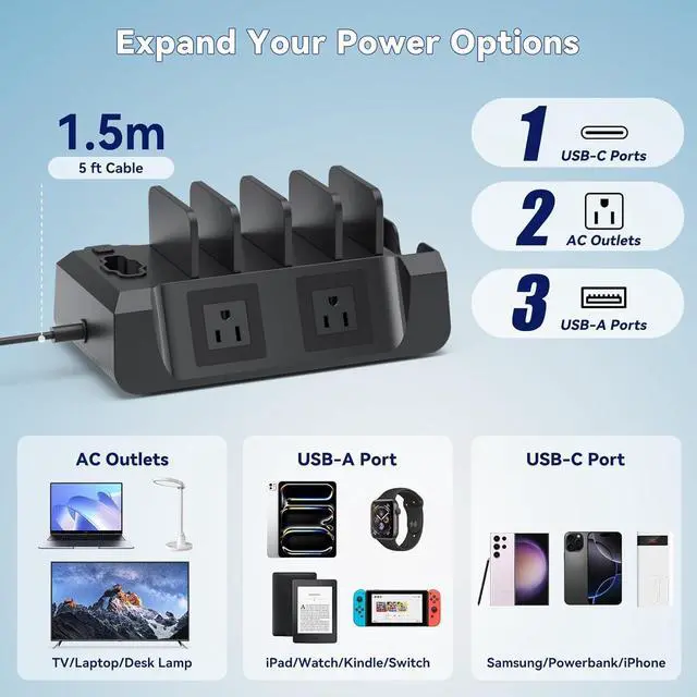 Alt view image 2 of 7 - Charging Station for Multiple Devices - 6 in 1 Cellphone Charging Dock with Headphone Stand and Watch Holder - 2 AC&USB A&USB C Storage Charger Station for Smartphone Tablets  Watch(Black)