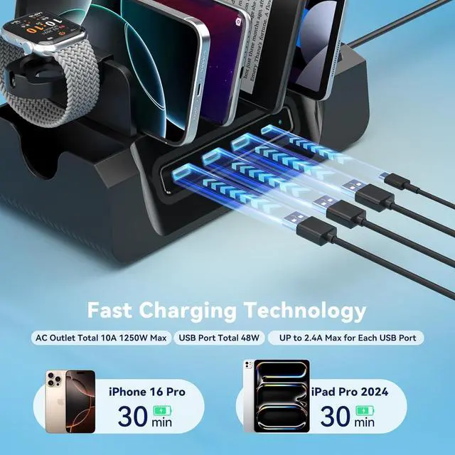 Alt view image 3 of 7 - Charging Station for Multiple Devices - 6 in 1 Cellphone Charging Dock with Headphone Stand and Watch Holder - 2 AC&USB A&USB C Storage Charger Station for Smartphone Tablets  Watch(Black)