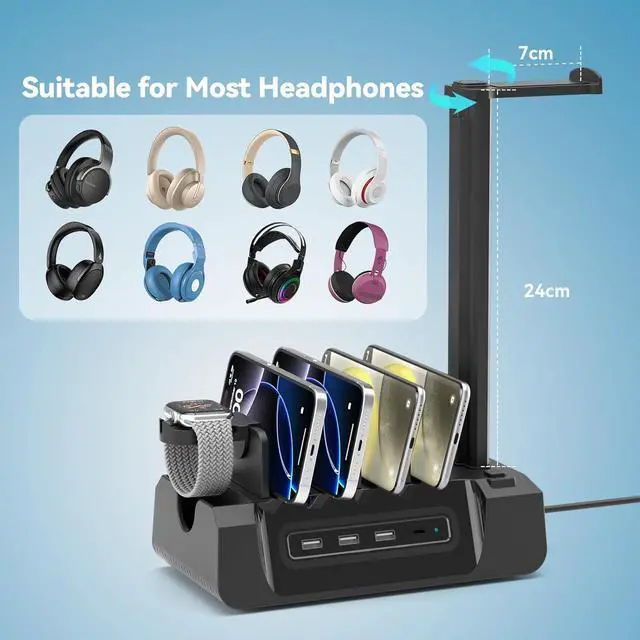 Alt view image 4 of 7 - Charging Station for Multiple Devices - 6 in 1 Cellphone Charging Dock with Headphone Stand and Watch Holder - 2 AC&USB A&USB C Storage Charger Station for Smartphone Tablets  Watch(Black)
