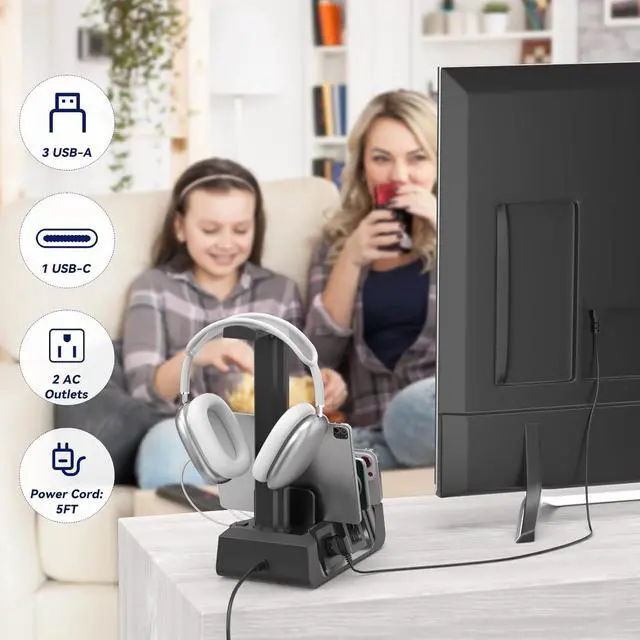 Alt view image 5 of 7 - Charging Station for Multiple Devices - 6 in 1 Cellphone Charging Dock with Headphone Stand and Watch Holder - 2 AC&USB A&USB C Storage Charger Station for Smartphone Tablets  Watch(Black)