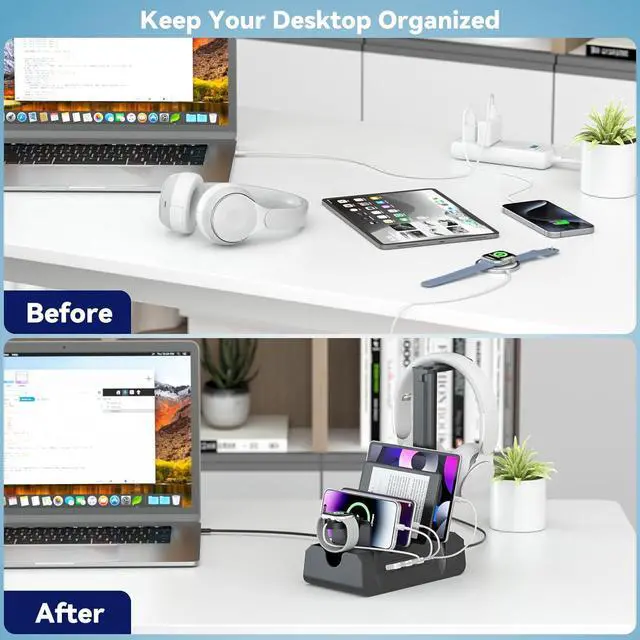 Alt view image 7 of 7 - Charging Station for Multiple Devices - 6 in 1 Cellphone Charging Dock with Headphone Stand and Watch Holder - 2 AC&USB A&USB C Storage Charger Station for Smartphone Tablets  Watch(Black)