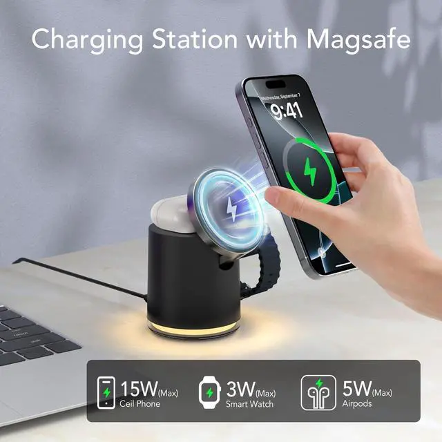 Alt view image 2 of 7 - 4 in 1 Wireless Charging Station for Multiple Devices  MagSafe Charger Stand with Warm Night Light for iPhone 16 15 14 13 12 13 12 Plus/Pro/Pro Max/Plus/ iWatch10 9 8 7 SE 6/Ultra