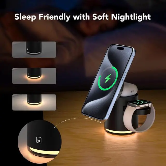 Alt view image 7 of 7 - 4 in 1 Wireless Charging Station for Multiple Devices  MagSafe Charger Stand with Warm Night Light for iPhone 16 15 14 13 12 13 12 Plus/Pro/Pro Max/Plus/ iWatch10 9 8 7 SE 6/Ultra