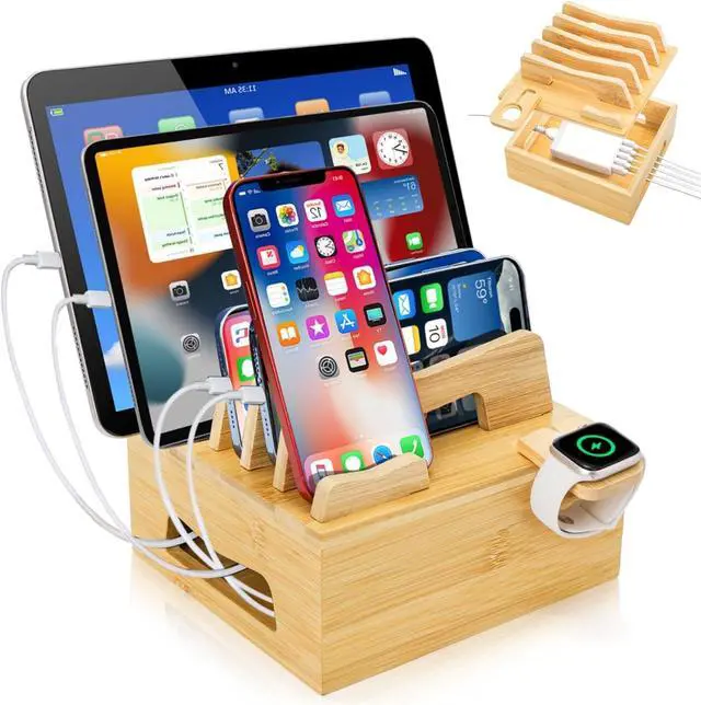 Main image of Bamboo Charging Station for Multi Devices Desktop Docking Stand with Removable Dividers Cell Phone Docking Station Charger Organizer for Tablets Smart Watch