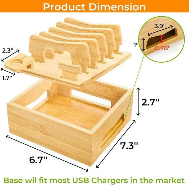 Alt view image 2 of 7 - Bamboo Charging Station for Multi Devices Desktop Docking Stand with Removable Dividers Cell Phone Docking Station Charger Organizer for Tablets Smart Watch