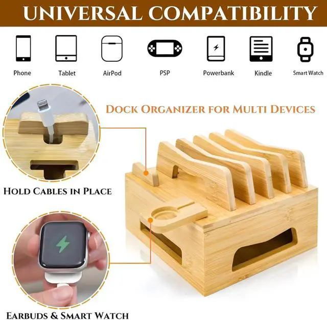 Alt view image 3 of 7 - Bamboo Charging Station for Multi Devices Desktop Docking Stand with Removable Dividers Cell Phone Docking Station Charger Organizer for Tablets Smart Watch