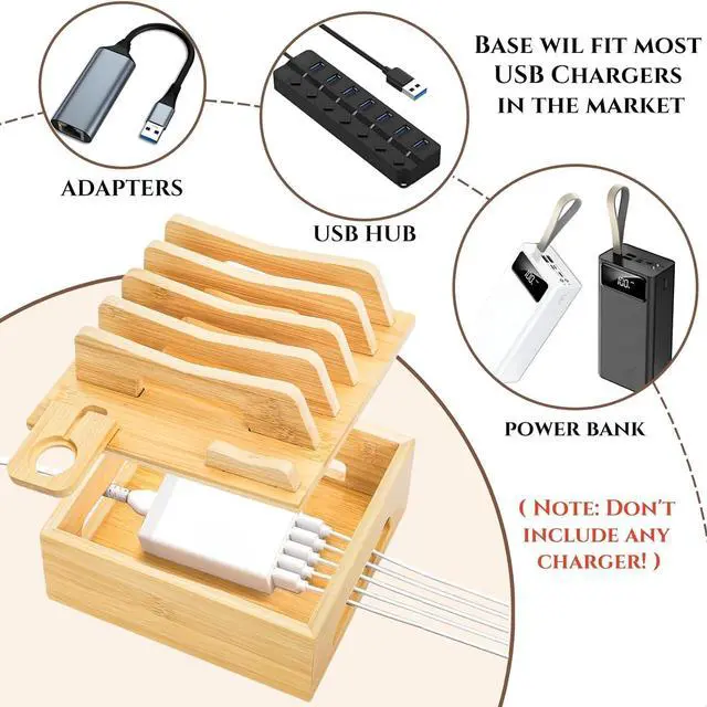 Alt view image 4 of 7 - Bamboo Charging Station for Multi Devices Desktop Docking Stand with Removable Dividers Cell Phone Docking Station Charger Organizer for Tablets Smart Watch