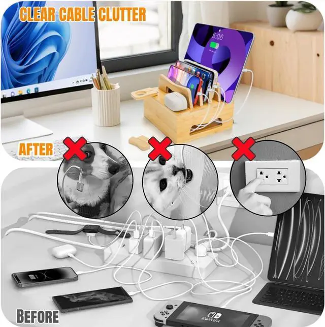 Alt view image 5 of 7 - Bamboo Charging Station for Multi Devices Desktop Docking Stand with Removable Dividers Cell Phone Docking Station Charger Organizer for Tablets Smart Watch