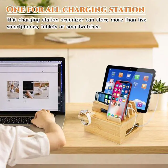 Alt view image 6 of 7 - Bamboo Charging Station for Multi Devices Desktop Docking Stand with Removable Dividers Cell Phone Docking Station Charger Organizer for Tablets Smart Watch