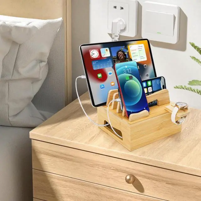 Alt view image 7 of 7 - Bamboo Charging Station for Multi Devices Desktop Docking Stand with Removable Dividers Cell Phone Docking Station Charger Organizer for Tablets Smart Watch
