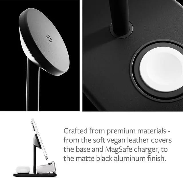 Alt view image 4 of 7 - HiRise 3 Deluxe Compact Luxury Wireless Magsafe Charging Stand for iPhone AirPods and  Watch - Includes US Power Supply with 5 Foot Cord Plus International Plug Adapters Black