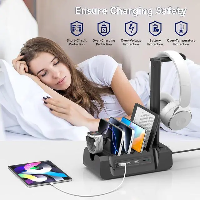 Alt view image 6 of 7 - Charging Station for Multiple Devices - 6 in 1 Cellphone Charging Dock with Headphone Stand and Watch Holder - 2 AC&USB A&USB C Storage Charger Station for Smartphone Tablets  Watch(Black)