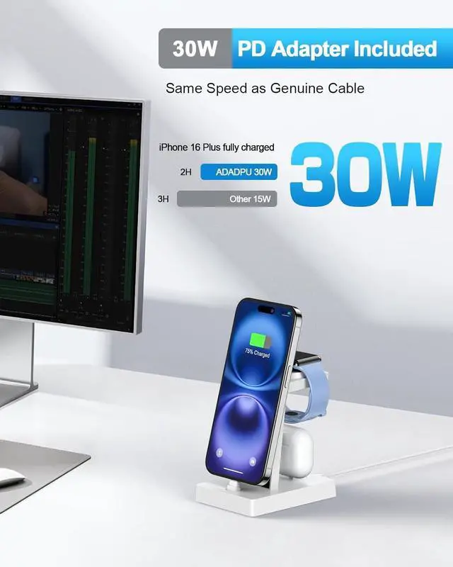 Alt view image 2 of 7 - 30W Fast Charging Station for  Devices - 3 in 1 USB C Charger Stand for iPhone 17 16 15 Pro Max Plus & AirPods 4 Wireless Charger Dock Compatible with  Watch Ultra/10/9/8/7/6/5/4/3/SE