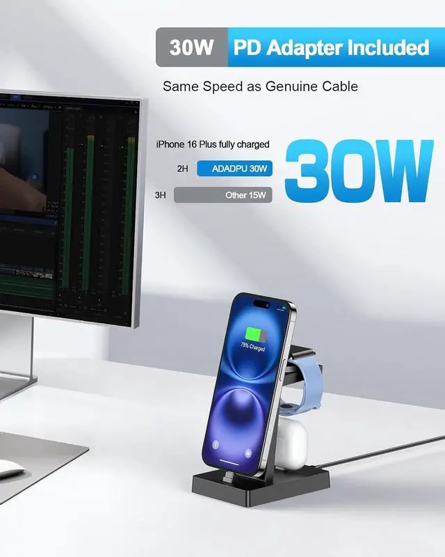 Alt view image 2 of 7 - 30W Fast 3 in 1 Charging Station for  Devices - USB C Charger Stand for iPhone 17 16 15 Pro Max Plus & AirPods 4 Wireless Charger Dock Compatible with  Watch Ultra/10/9/8/7/6/5/4/3/SE