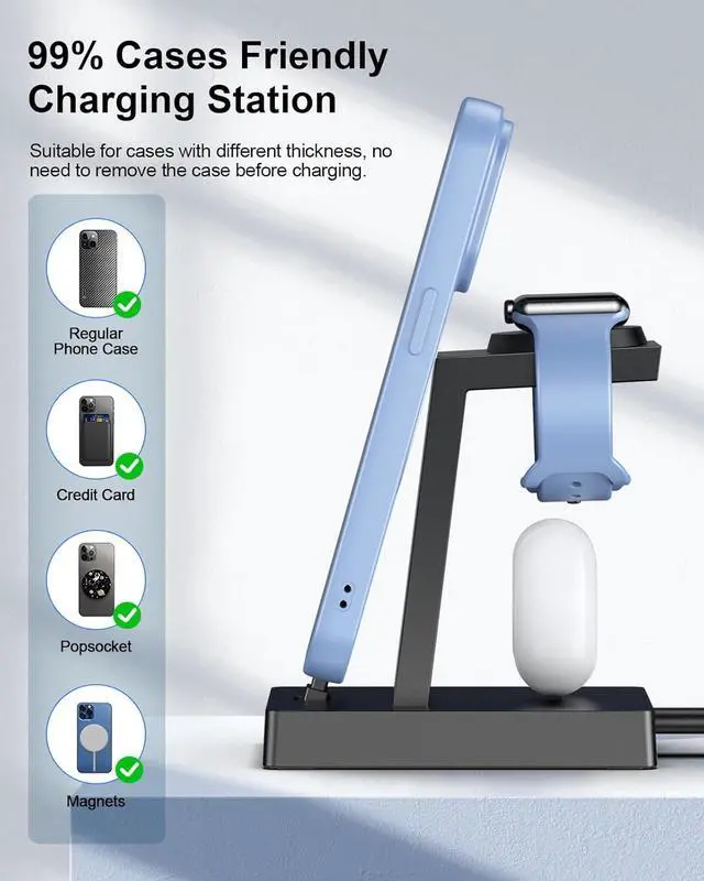 Alt view image 4 of 7 - 30W Fast 3 in 1 Charging Station for  Devices - USB C Charger Stand for iPhone 17 16 15 Pro Max Plus & AirPods 4 Wireless Charger Dock Compatible with  Watch Ultra/10/9/8/7/6/5/4/3/SE