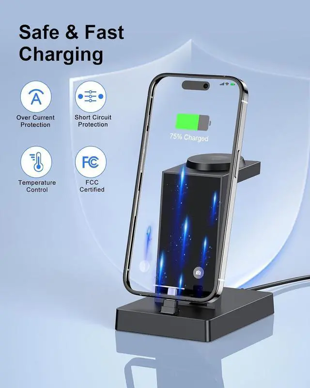 Alt view image 5 of 7 - 30W Fast 3 in 1 Charging Station for  Devices - USB C Charger Stand for iPhone 17 16 15 Pro Max Plus & AirPods 4 Wireless Charger Dock Compatible with  Watch Ultra/10/9/8/7/6/5/4/3/SE