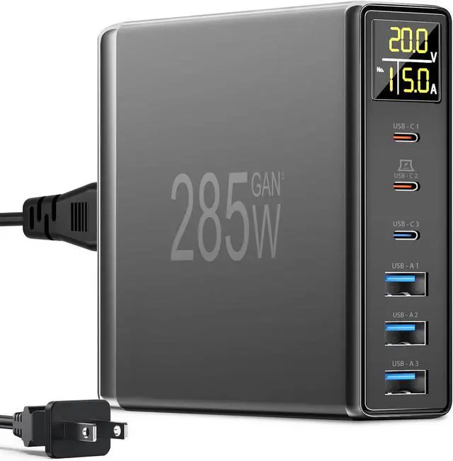 Main image of 285W USB C Charger Block 6 Ports Multiple USB Charging Station with Digital LCD Dispaly GaN Fast 100W USB C Charger for MacBook Laptops Multiport USB Charger for i Pad i Phone  Black