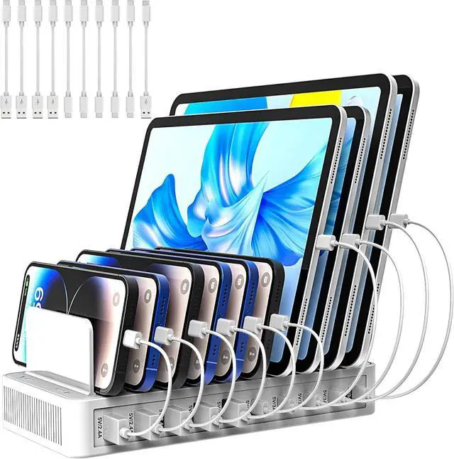 Main image of Charging Station for Multiple Devices 100W 10 Ports Flat Plug Charging Dock with 10 Cables Smart IC Tech and Adjustable Dividers Type-CMulti USB Charger for iPhone Galaxy iPad TabletWhite