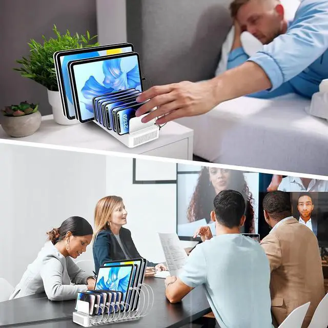 Alt view image 7 of 7 - Charging Station for Multiple Devices 100W 10 Ports Flat Plug Charging Dock with 10 Cables Smart IC Tech and Adjustable Dividers Type-CMulti USB Charger for iPhone Galaxy iPad TabletWhite