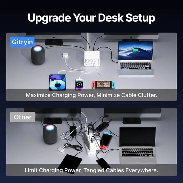 Alt view image 2 of 7 - 12-in-1 Desktop Charging Station with 4 Retractable Wall Chargers 40W USB-C Power Strip with 4 AC 4 USB C 4 Type-C 31.5in Cables Extension Cord with 1020J Surge Protection for Home Office
