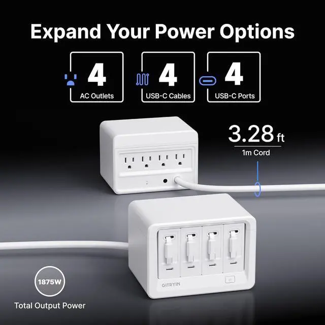 Alt view image 3 of 7 - 12-in-1 Desktop Charging Station with 4 Retractable Wall Chargers 40W USB-C Power Strip with 4 AC 4 USB C 4 Type-C 31.5in Cables Extension Cord with 1020J Surge Protection for Home Office