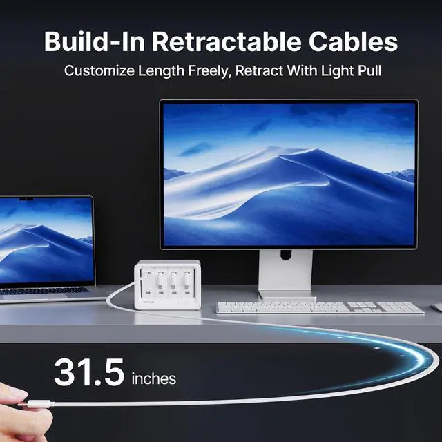 Alt view image 5 of 7 - 12-in-1 Desktop Charging Station with 4 Retractable Wall Chargers 40W USB-C Power Strip with 4 AC 4 USB C 4 Type-C 31.5in Cables Extension Cord with 1020J Surge Protection for Home Office