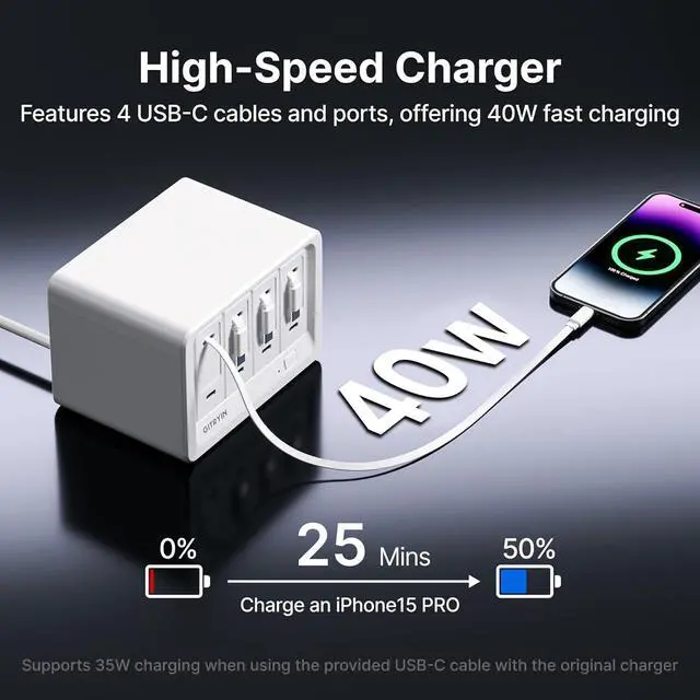 Alt view image 6 of 7 - 12-in-1 Desktop Charging Station with 4 Retractable Wall Chargers 40W USB-C Power Strip with 4 AC 4 USB C 4 Type-C 31.5in Cables Extension Cord with 1020J Surge Protection for Home Office