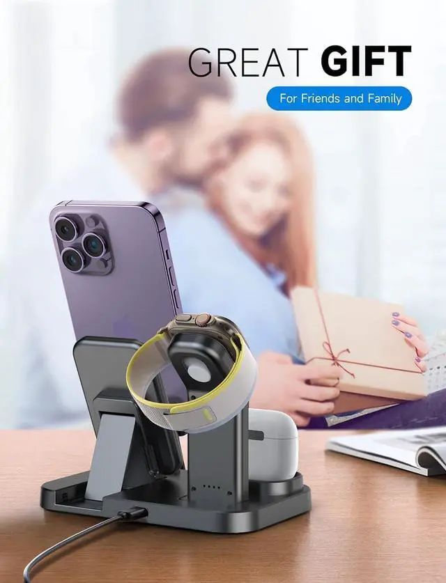 Alt view image 3 of 5 - Wireless Charging Station 3 in 1 Compatible with  Devices Charging Dock for iWatch Built-in Wireless Charger Stand for iPhone Series AirPods Gifts (with 18W Adapter) Graphite Black