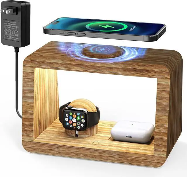 Main image of Bamboo Wireless Charging Station: 3-in-1 Wireless Charger with Night Lights - Fast Charging Stand Compatible with iPhone 16/15/14/13/12 Pro Max/X/Xs Max/8  Watch Series 10/9/8/7/6/5-2/SE