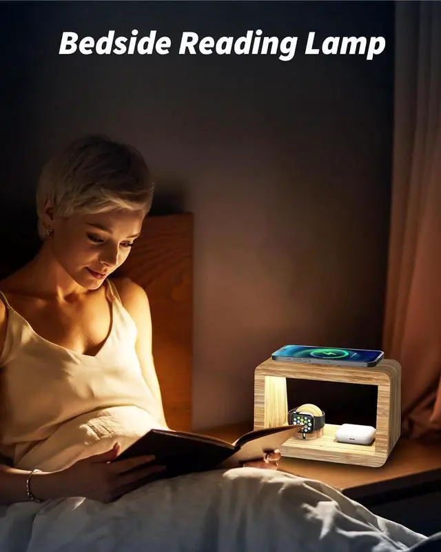 Alt view image 3 of 7 - Bamboo Wireless Charging Station: 3-in-1 Wireless Charger with Night Lights - Fast Charging Stand Compatible with iPhone 16/15/14/13/12 Pro Max/X/Xs Max/8  Watch Series 10/9/8/7/6/5-2/SE