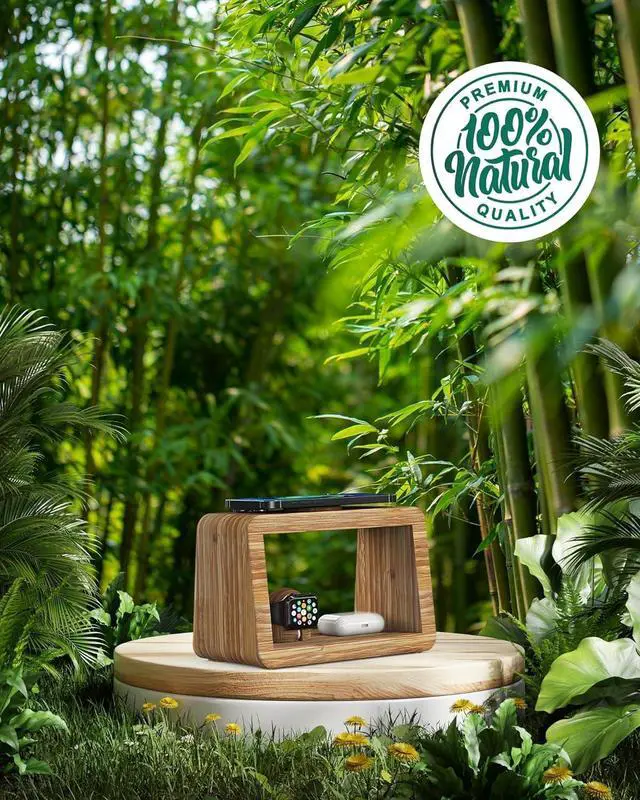 Alt view image 6 of 7 - Bamboo Wireless Charging Station: 3-in-1 Wireless Charger with Night Lights - Fast Charging Stand Compatible with iPhone 16/15/14/13/12 Pro Max/X/Xs Max/8  Watch Series 10/9/8/7/6/5-2/SE