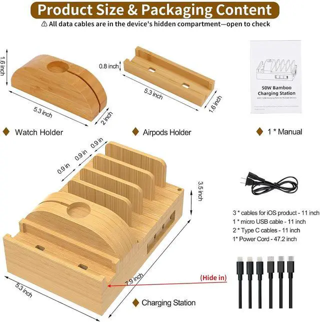 Alt view image 4 of 7 - Bamboo Charging Station for Multiple Devices Wood Desktop Docking Station 7-Port Multi-Charger Organizer Fast USB Charger Compatible with iPhone iPad AirPods iWatch Cell Phone Tablet