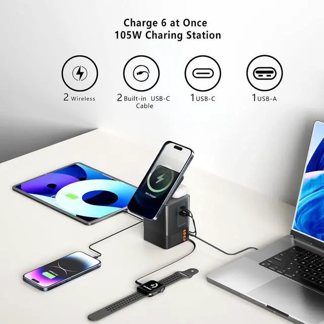 Alt view image 2 of 7 - 105W Charging StationMagSafe Compatible 6-in-1 Charging Dock Gan Retractable Charger with Dual 65W Cables USB-C Fast Charging for iPhone AirPods  Watch Tablets.