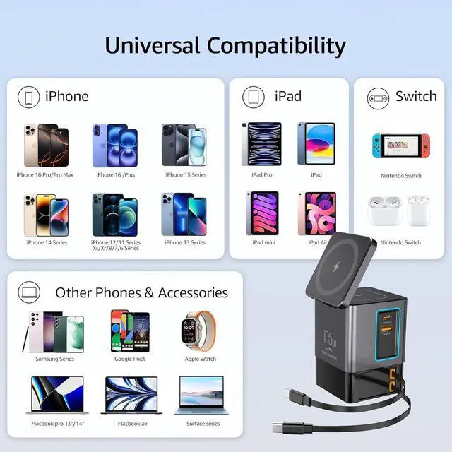 Alt view image 5 of 7 - 105W Charging StationMagSafe Compatible 6-in-1 Charging Dock Gan Retractable Charger with Dual 65W Cables USB-C Fast Charging for iPhone AirPods  Watch Tablets.