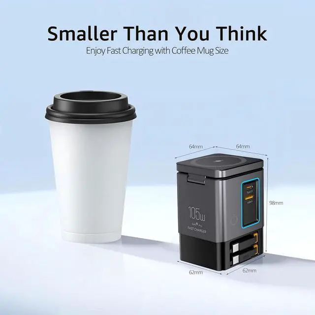 Alt view image 6 of 7 - 105W Charging StationMagSafe Compatible 6-in-1 Charging Dock Gan Retractable Charger with Dual 65W Cables USB-C Fast Charging for iPhone AirPods  Watch Tablets.