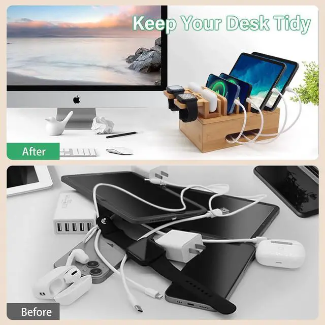 Alt view image 2 of 7 - Bamboo Charging Stations for Multi Devices with 5 Port USB Charger 6 Cables Desktop Wood Docking Station Charger Organizer for Cell Phones Tablets Earphone Watches