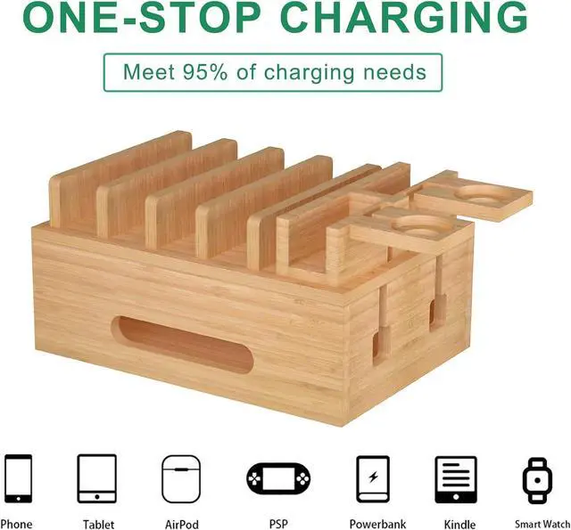 Alt view image 3 of 7 - Bamboo Charging Stations for Multi Devices with 5 Port USB Charger 6 Cables Desktop Wood Docking Station Charger Organizer for Cell Phones Tablets Earphone Watches