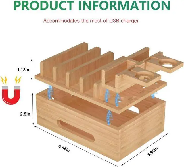 Alt view image 4 of 7 - Bamboo Charging Stations for Multi Devices with 5 Port USB Charger 6 Cables Desktop Wood Docking Station Charger Organizer for Cell Phones Tablets Earphone Watches