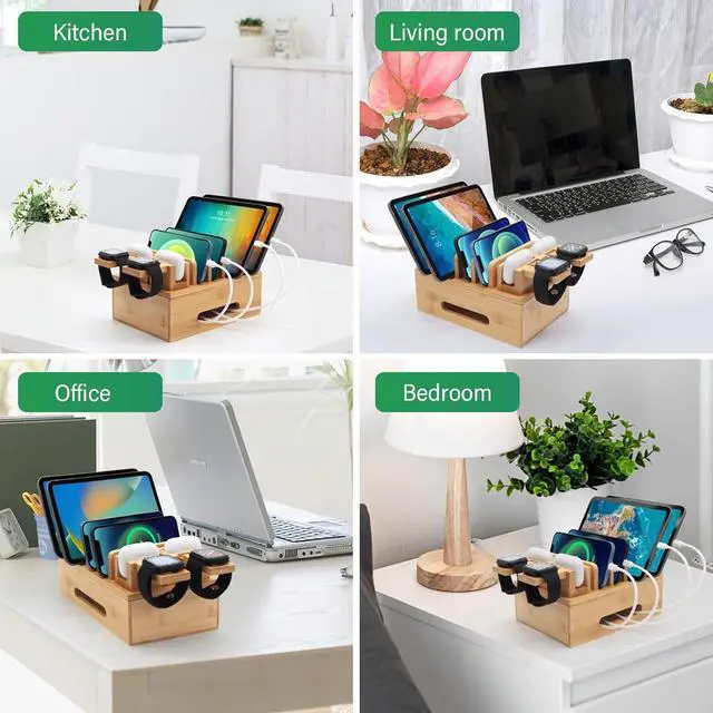 Alt view image 5 of 7 - Bamboo Charging Stations for Multi Devices with 5 Port USB Charger 6 Cables Desktop Wood Docking Station Charger Organizer for Cell Phones Tablets Earphone Watches