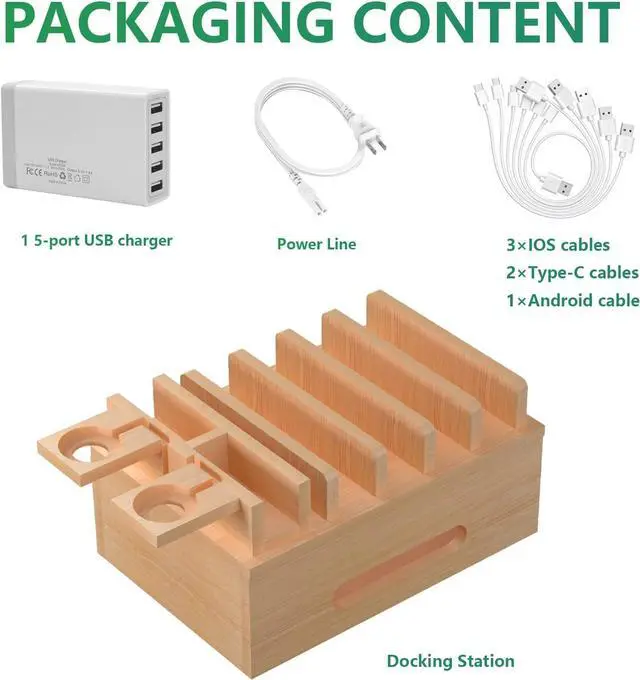 Alt view image 6 of 7 - Bamboo Charging Stations for Multi Devices with 5 Port USB Charger 6 Cables Desktop Wood Docking Station Charger Organizer for Cell Phones Tablets Earphone Watches