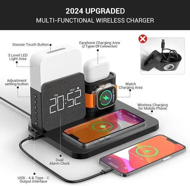 Alt view image 2 of 7 - 7 in 1 Charging Station for iPhone Wireless Charging Station Alarm Clock Night Light Wireless Charger for iPhone 16 15 14 13 12 Pro Max &  Watch - Charging Stand Dock for AirPods