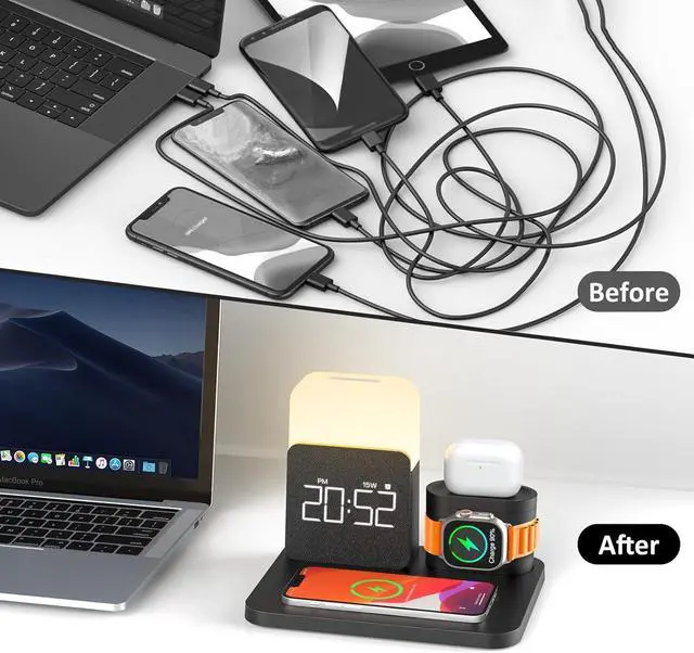 Alt view image 5 of 7 - 7 in 1 Charging Station for iPhone Wireless Charging Station Alarm Clock Night Light Wireless Charger for iPhone 16 15 14 13 12 Pro Max &  Watch - Charging Stand Dock for AirPods