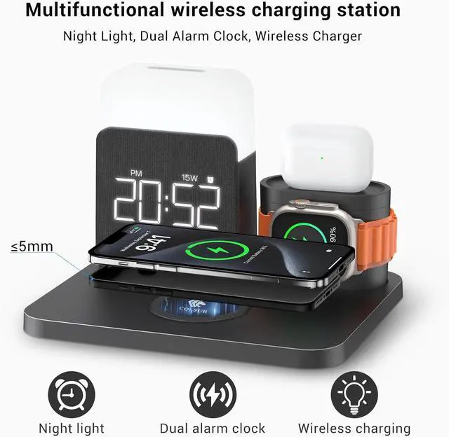 Alt view image 6 of 7 - 7 in 1 Charging Station for iPhone Wireless Charging Station Alarm Clock Night Light Wireless Charger for iPhone 16 15 14 13 12 Pro Max &  Watch - Charging Stand Dock for AirPods