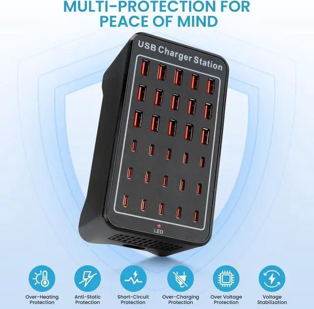 Alt view image 5 of 7 - USB C Charging Station for Multiple Devices 150W 30 Ports Charger Block for Ipad Cell Phone Multiple USB Power Strip for Family Classroom