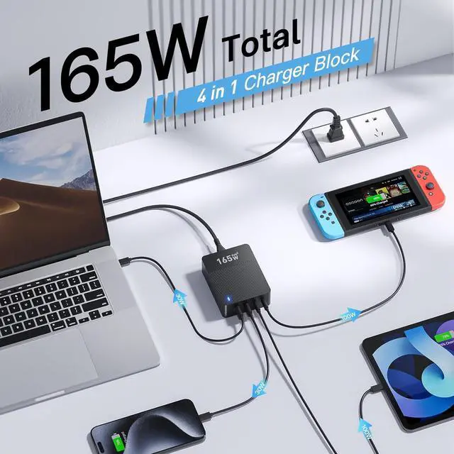 Alt view image 3 of 7 - 2025 Latest USB C Fast Charger 165W GaN 4-Port Charging Station Hub Block Cube USB C Wall Charger Blocks with Dual Type C Ports for iPad/iPhone 16 15 14 13 12 Pro Max Pixel Note Galaxy