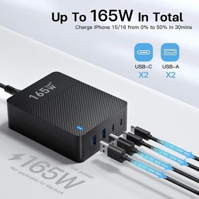 Alt view image 4 of 7 - 2025 Latest USB C Fast Charger 165W GaN 4-Port Charging Station Hub Block Cube USB C Wall Charger Blocks with Dual Type C Ports for iPad/iPhone 16 15 14 13 12 Pro Max Pixel Note Galaxy