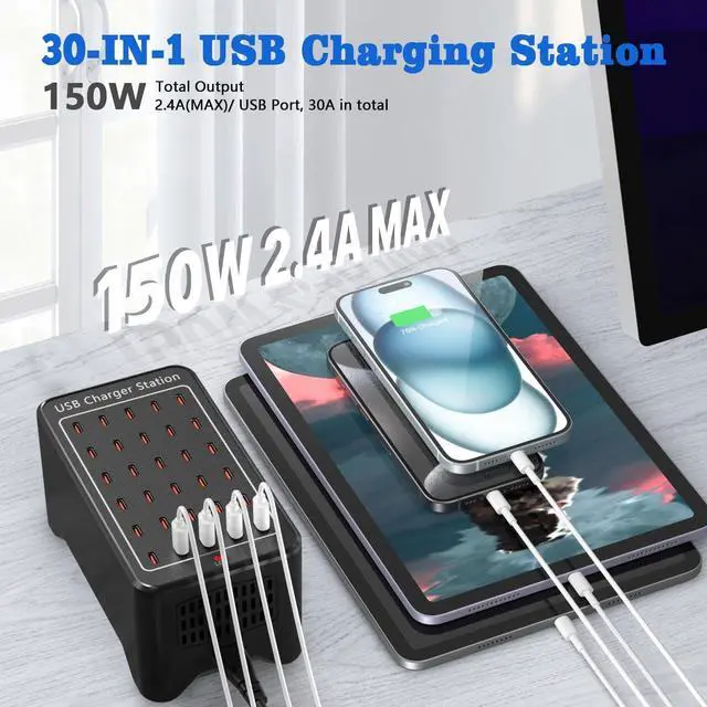Alt view image 3 of 6 - USB C Charger Station 150W 30 Port USB Charger Block USB Charging Hub Multiport USB C Charger Desktop Charger Compatible with iPhone 16/15/14/13/12/11 iPad Tablets  GalaxyS23 S22 Phone