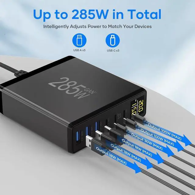 Alt view image 5 of 7 - 285W USB C Charger Block 6 Ports Multiple USB Charging Station with Digital LCD Dispaly GaN Fast 100W USB C Charger for MacBook Laptops Multiport USB Charger for i Pad i Phone  Black